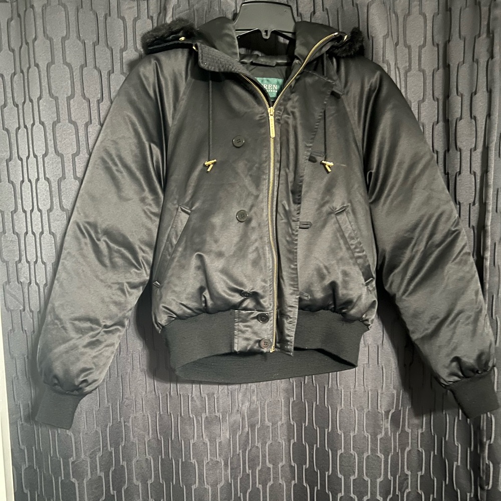 Lauren- Ralph Lauren Down Black Bomber Jacket with Faux fur hood Size Large